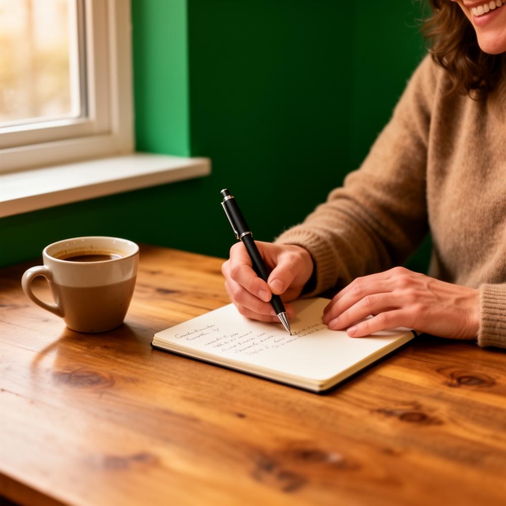 A warm desk scene — notebook, pen and coffee by a sunlit window